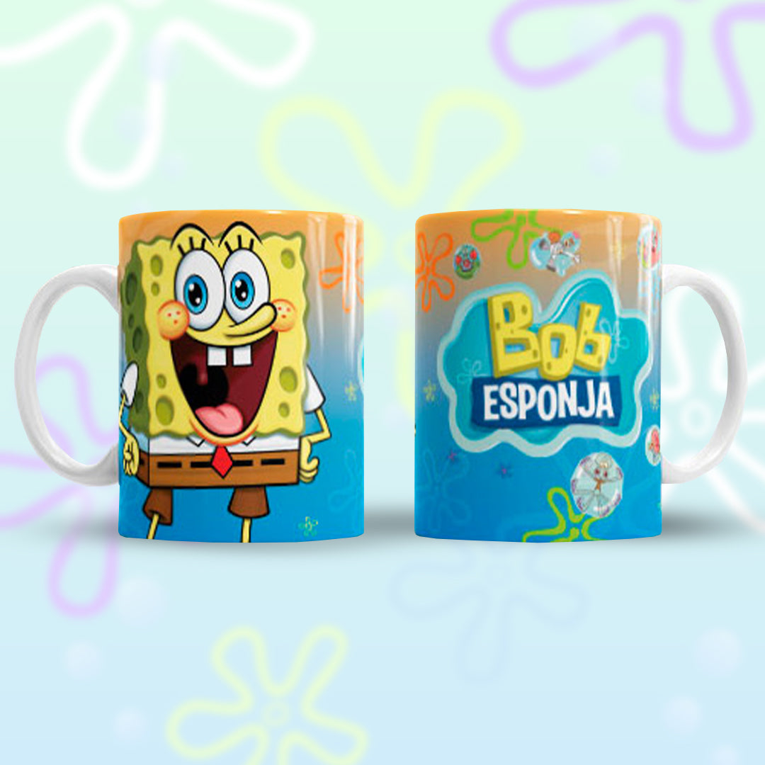 Taza Bob Esponja "B.Esponja Contento". Aptas para el lavavajillas y microondas.