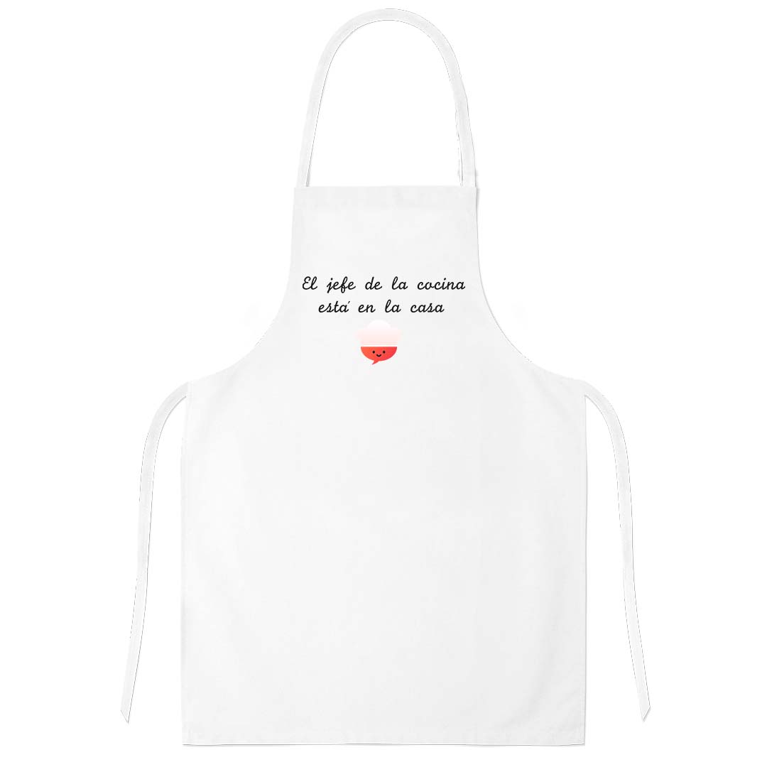 Delantal de cocina "El Jefe de la cocina está en la casa". Blanco. Envío gratis a Península.