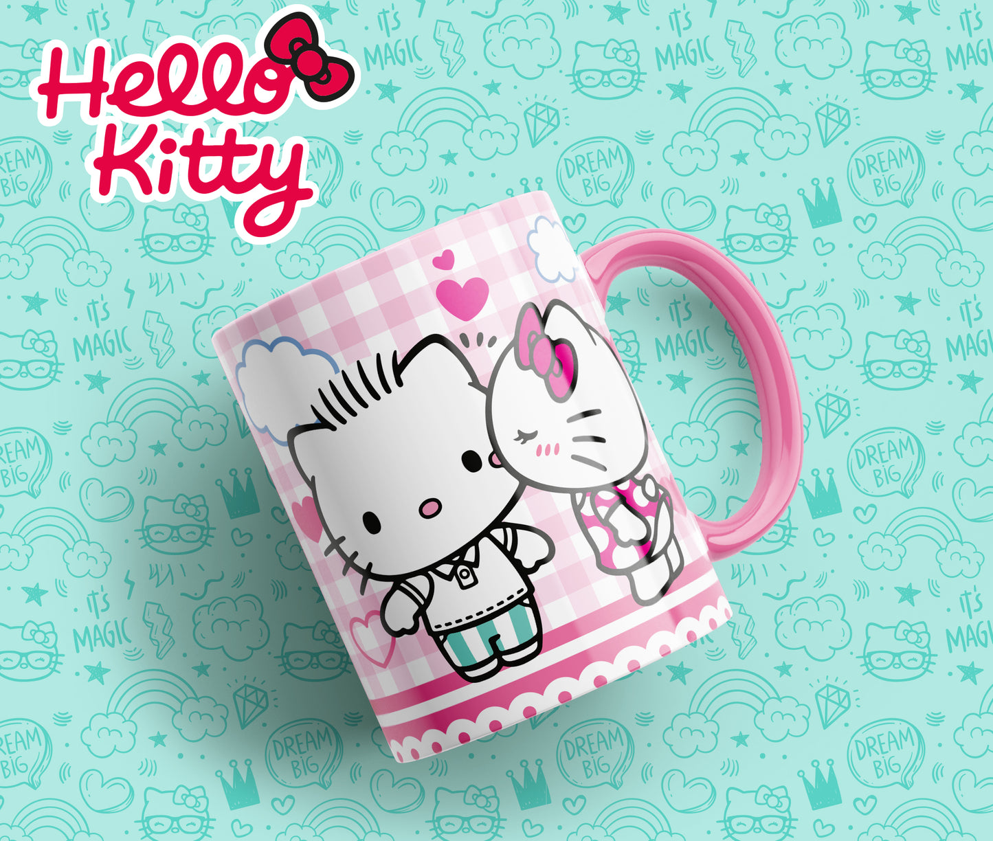 Taza Hello Kitty "Kitty Fondo Cuadros". Aptas para el lavavajillas y microondas.