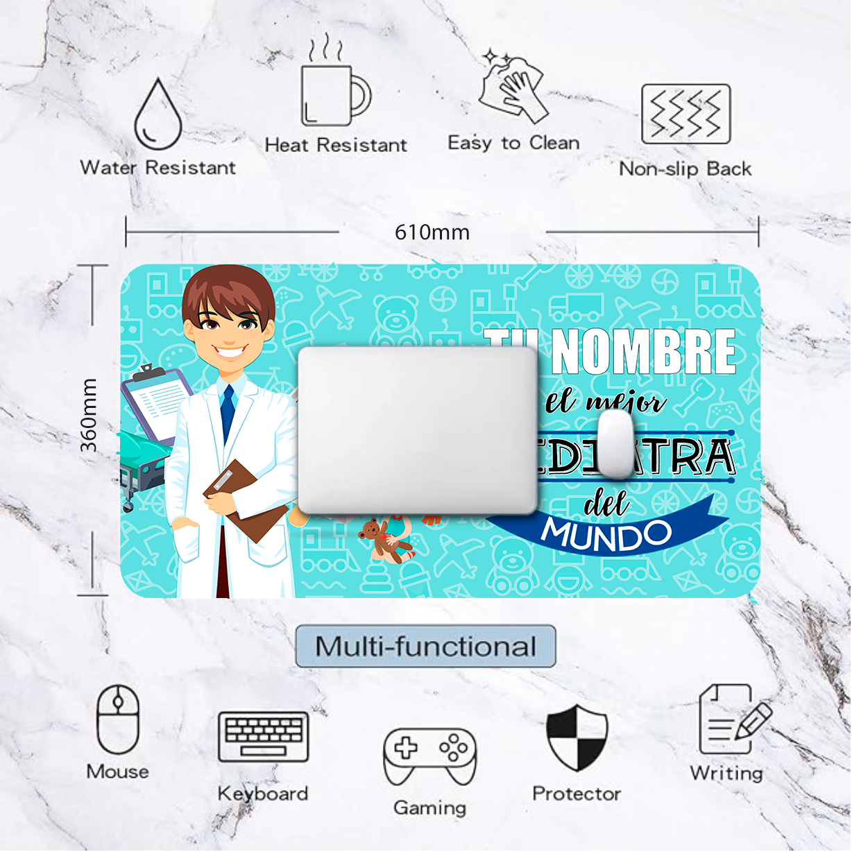 Alfombrilla "El mejor Pediatra" con Nombre Personalizable. Gaming Mouse Pad XL 61x36cm. Impermeable con 3mm Base de Goma Antideslizante,Special-Textured Superficie para Ordenador, PC y Laptop,G.