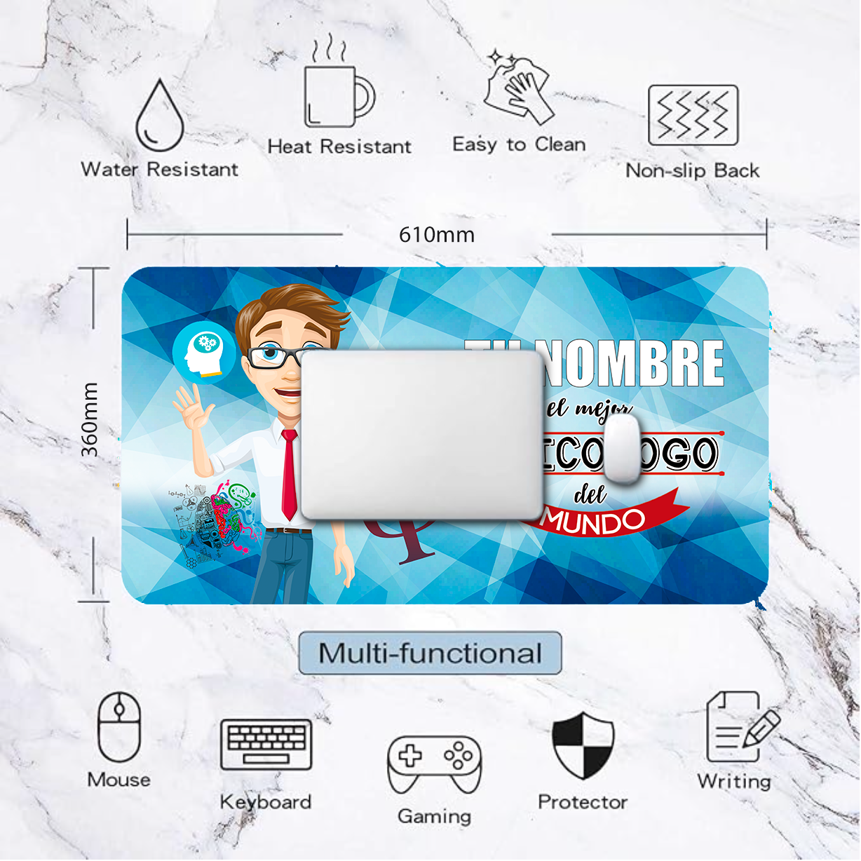 Alfombrilla "El mejor Psicólogo" con Nombre Personalizable. Gaming Mouse Pad XL 61x36cm. Impermeable con 3mm Base de Goma Antideslizante,Special-Textured Superficie para Ordenador, PC y Laptop,G.