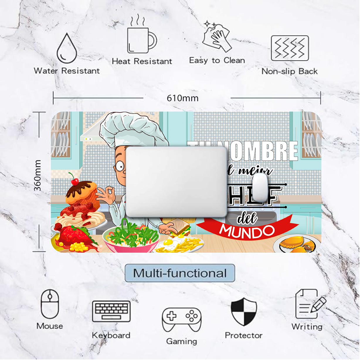 Alfombrilla "El mejor Chef" con Nombre Personalizable. Gaming Mouse Pad XL 61x36cm. Impermeable con 3mm. Base de Goma Antideslizante, Special-Textured Superficie para Ordenador, PC y Laptop,G. (Copy)