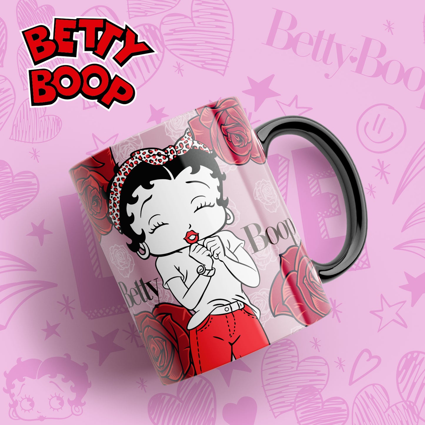 Taza Betty Boop "Betty Fondo Rosa". Aptas para el lavavajillas y microondas.