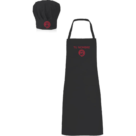 Delantal MasterChef nombre personalizado + Gorro. Negro. Regalo ideal.